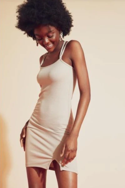 Regular fit square neck dress - beige