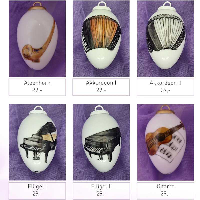Kleine Porzellaneier zum Hängen - Instrumente