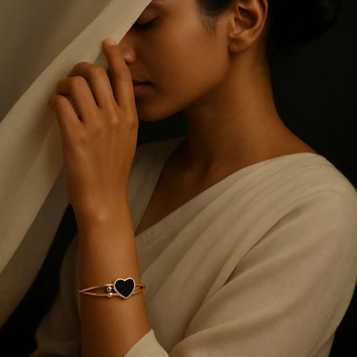 Black Stone Heart Cuff Bracelet
