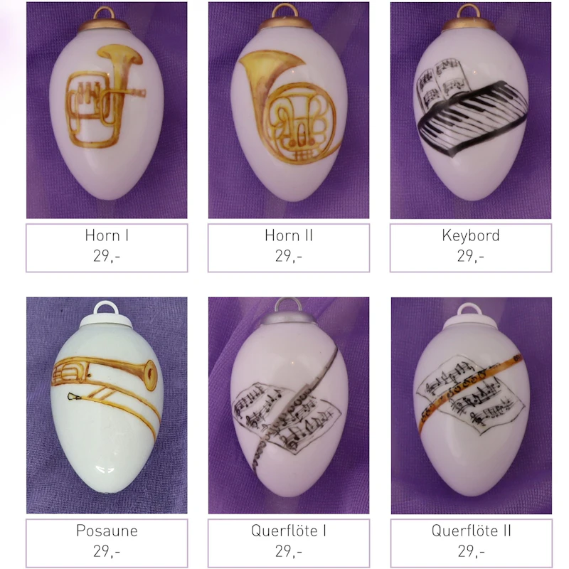 Kleine Porzellaneier zum Hängen - Instrumente