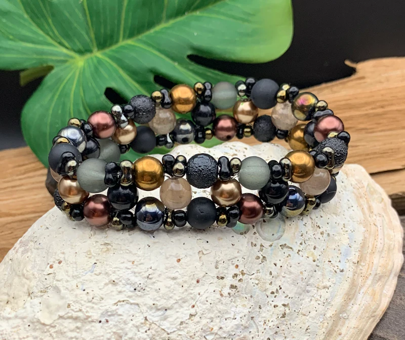 ••• SÅLD ••• 3-radigt armband BRONZE svart/brons