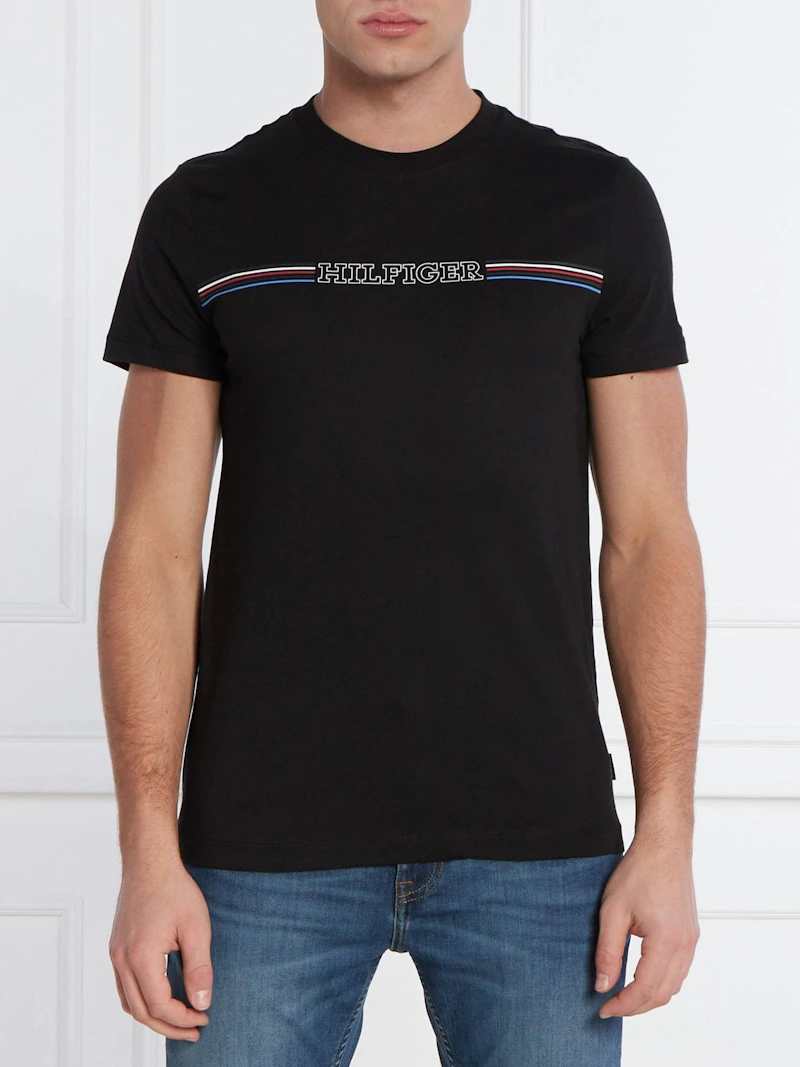 TOMMY HILFIGER - T-SHIRT NOIR LOGO 3 BANDES HORIZONTALES