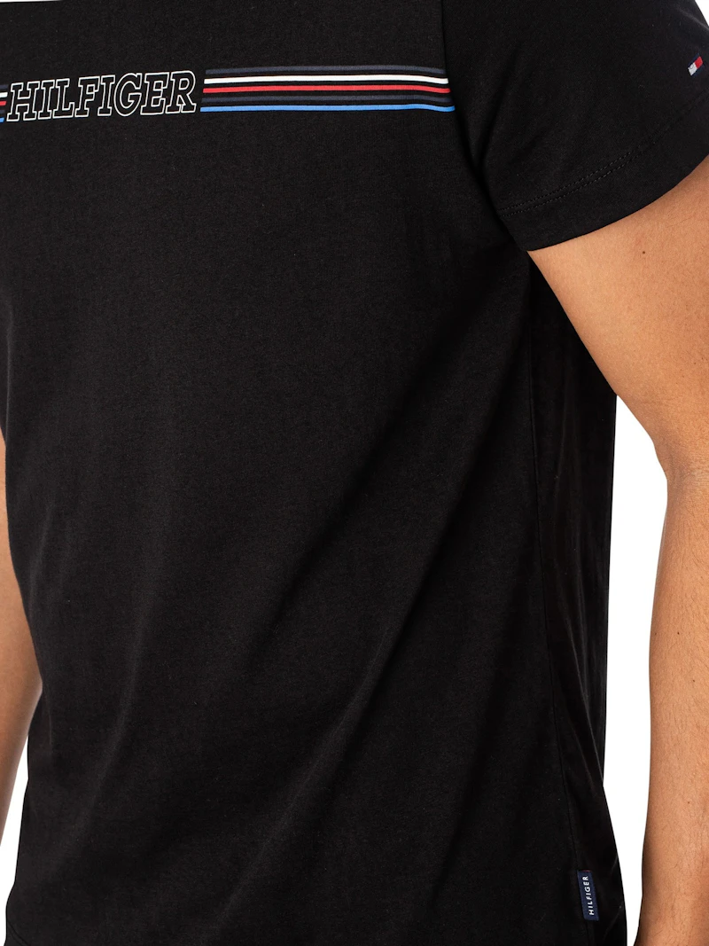 TOMMY HILFIGER - T-SHIRT NOIR LOGO 3 BANDES HORIZONTALES