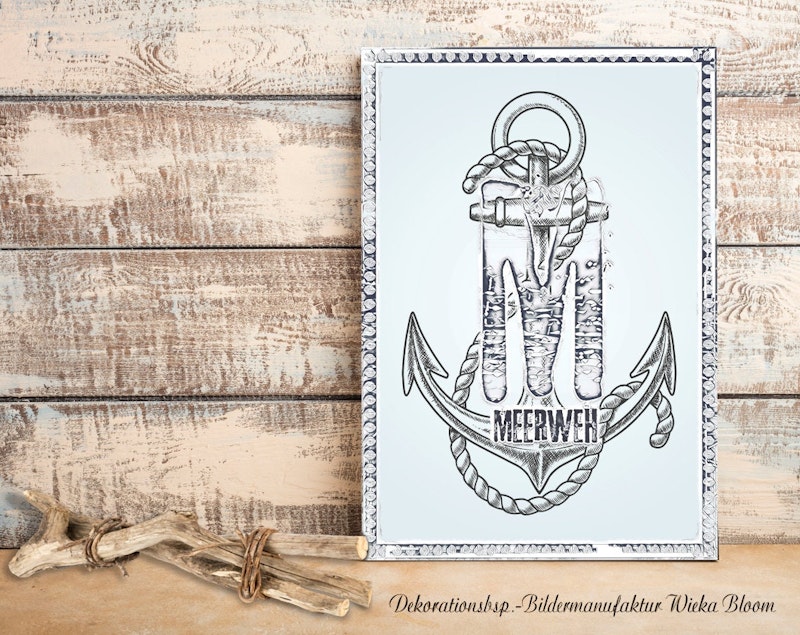 MEERWEH Buchstabe M mit Anker Posterprint maritime Wanddeko 