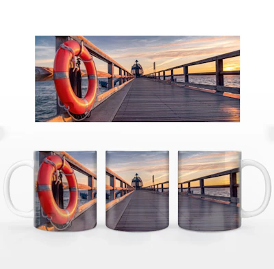 Selliner Seebrücke Tasse – Keramikbecher mit Ostsee-Motiv, Sonnenaufgang auf Rügen