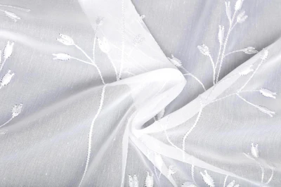 Voile curtain fabrics - Floriano, embroidered in white, flowers pattern, length - 2,90 m., with lead tape.