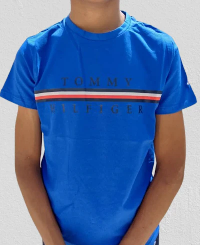 TOMMY HILFIGER - T-SHIRT BLEU  AVEC LOGO IMPRIMÉ BANDE TRICOLORE 