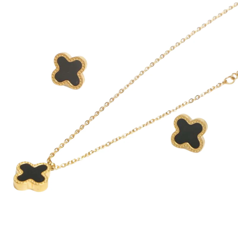 Gold-Tone Onyx Clover Necklace Set