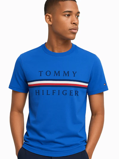 TOMMY HILFIGER - T-SHIRT BLEU  BANDE TRICOLORE 