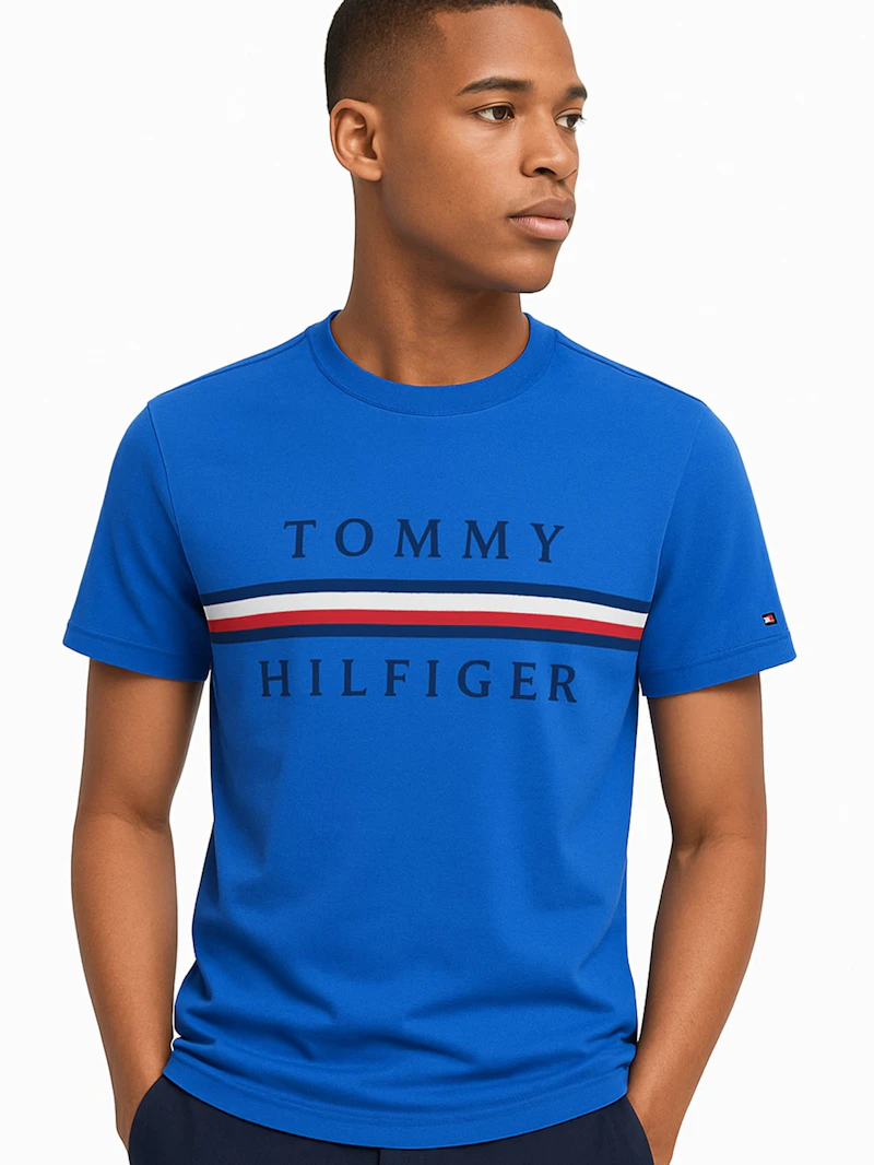 TOMMY HILFIGER - T-SHIRT BLEU  BANDE TRICOLORE 