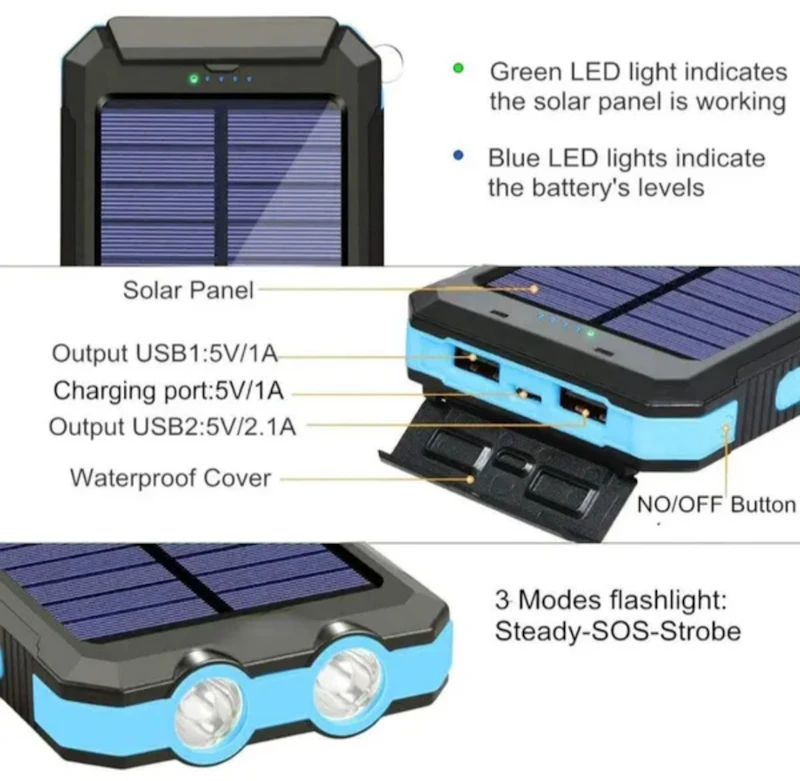 Solar power bank with built-in LED light