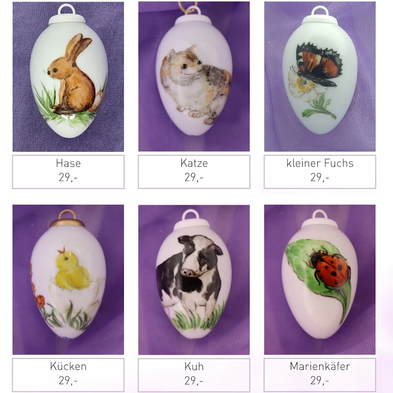 Kleine Porzellaneier zum Hängen - Tiere