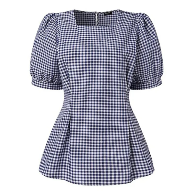 Puff Sleeve bow plaid check blouse for women