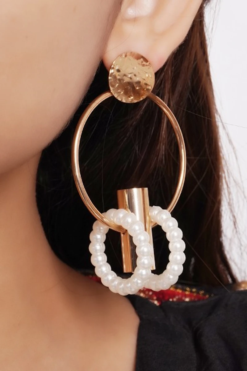 Golden White Pearl & Metal Earrings